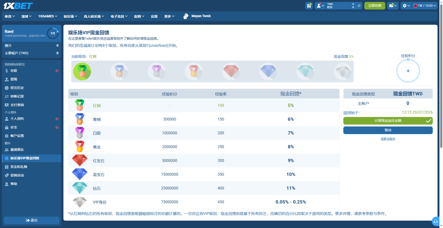 1xBet VIP 回饋截圖