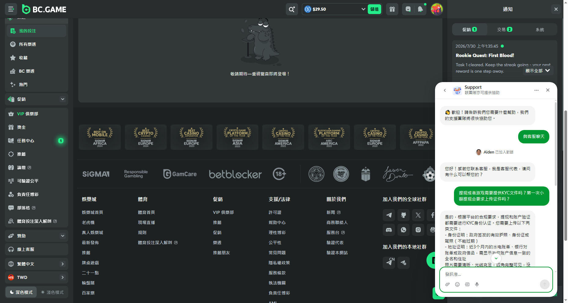 BC.Game 客服對話窗截圖