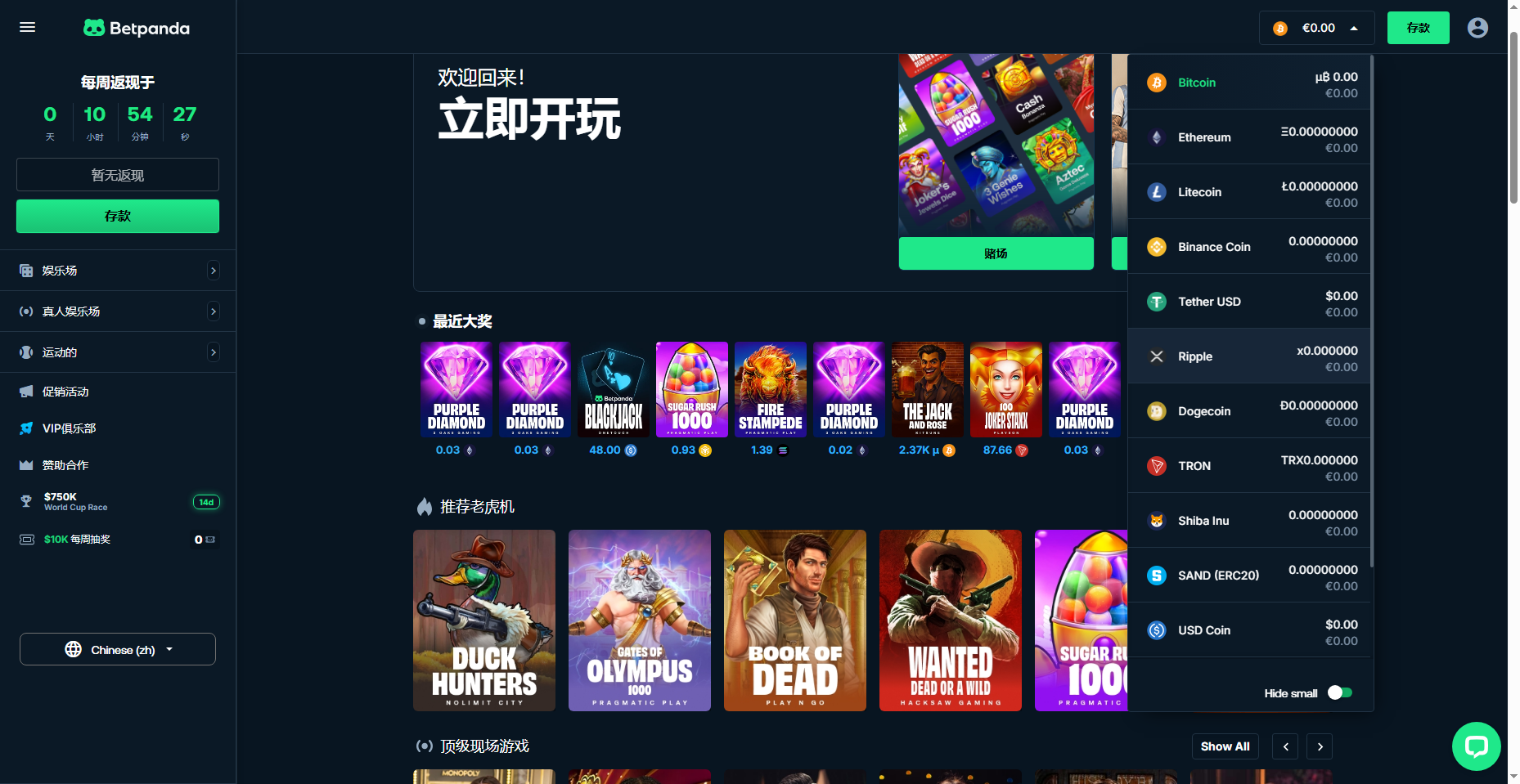 Betpanda 多幣種餘額列表截圖，含 USDT 與 USDC