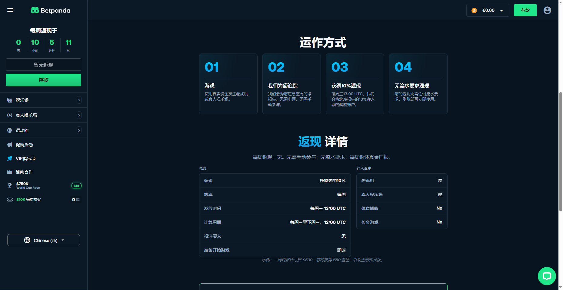 Betpanda 每周返現相關說明截圖