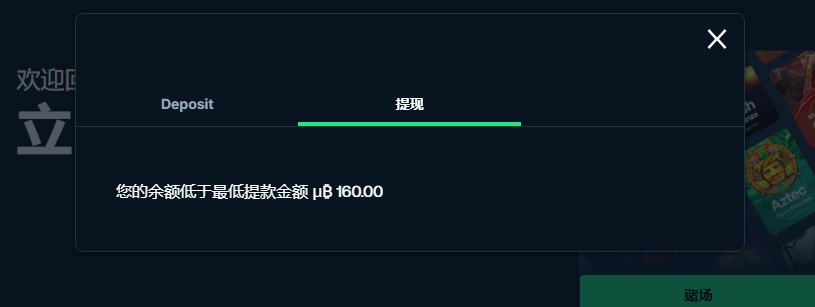 Betpanda 提現頁：餘額低於最低提現額 μ₿ 160