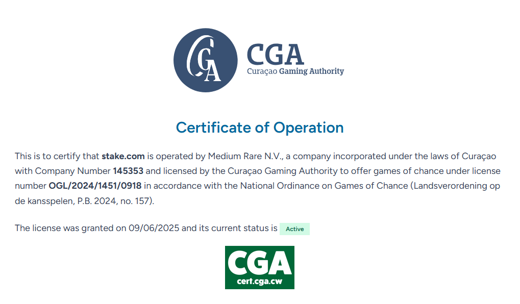 Curaçao Gaming Authority 營運證明：stake.com／Medium Rare N.V.／OGL/2024/1451/0918／Active