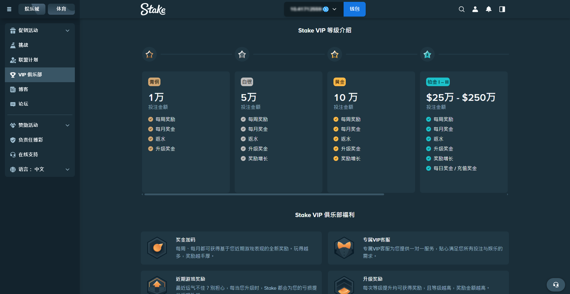 Stake VIP 俱樂部等級與福利截圖